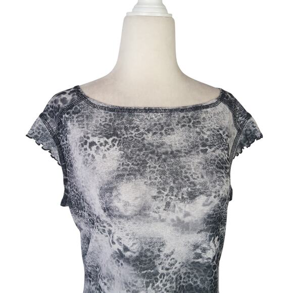 Vintage 90s/Y2K Grey Leopard Sheer Mesh Wide Boatneck Tee M - Picture 2 of 6
